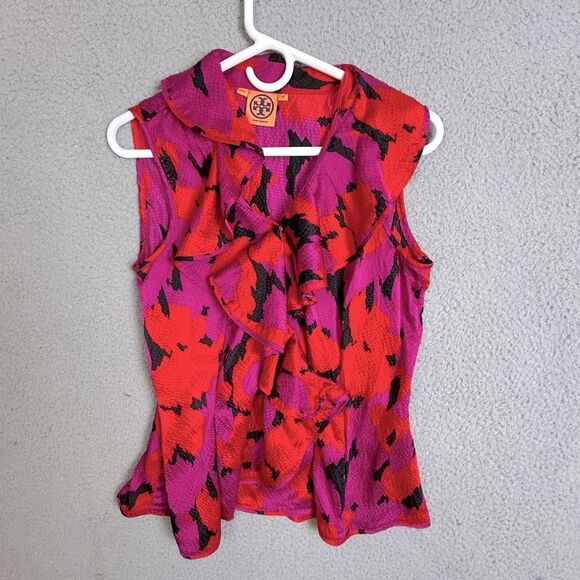 Tory Burch women’s Pink and Red Ruffled Blouse Peter Pan Collar silk size 10 - Picture 1 of 9